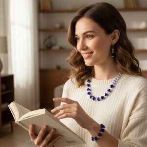 Hand Crafted Blue Clear And Silver Czech Glass Bead Necklace Earring, Bracelet